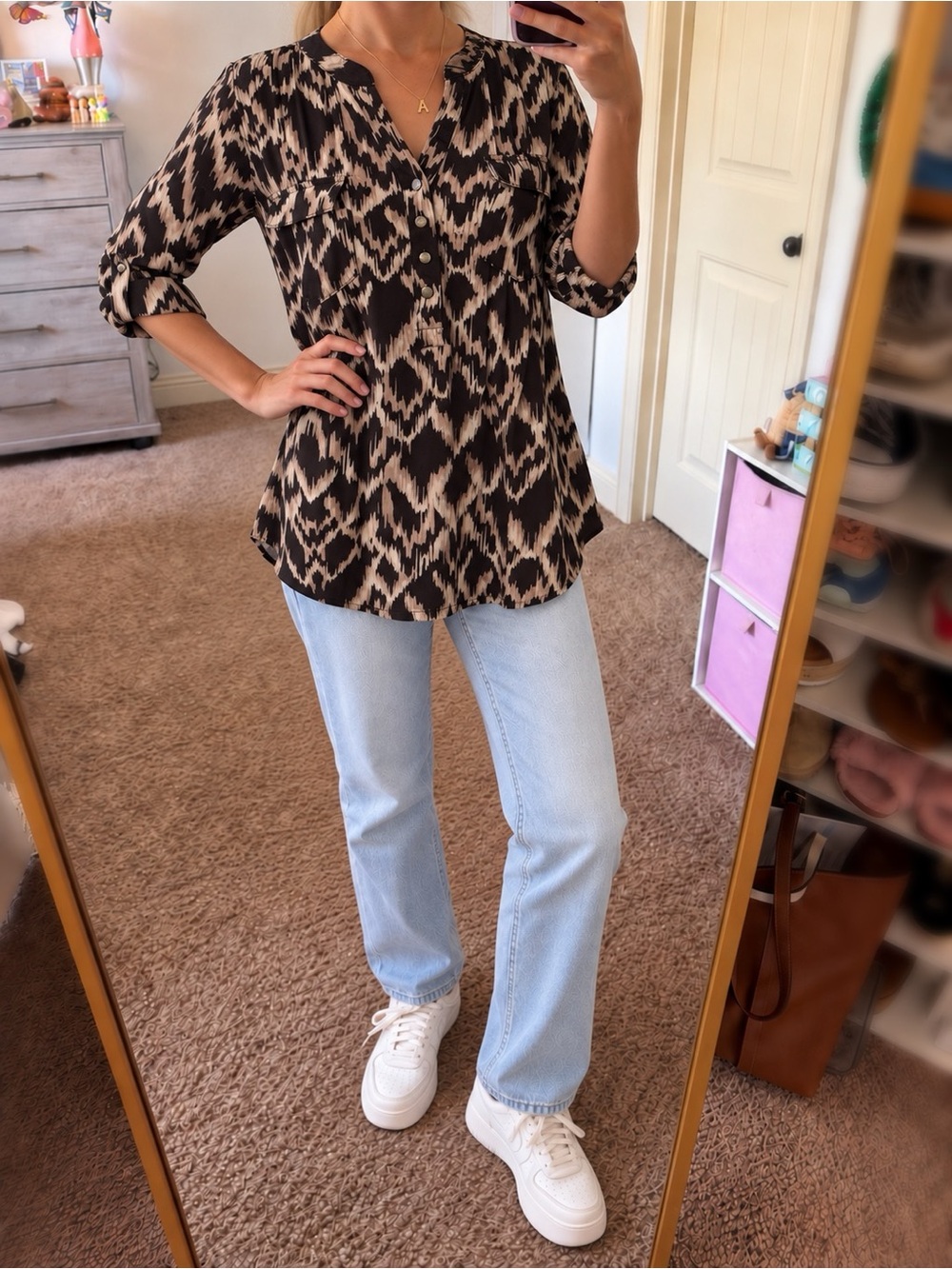 Cocomo Black and Cream Printed Henley Tunic Blouse